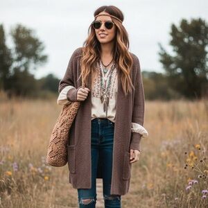 Kismet Brown Tan Beige Cardigan Knit Sweater Cottagecore Boho Duster Y2K Chic